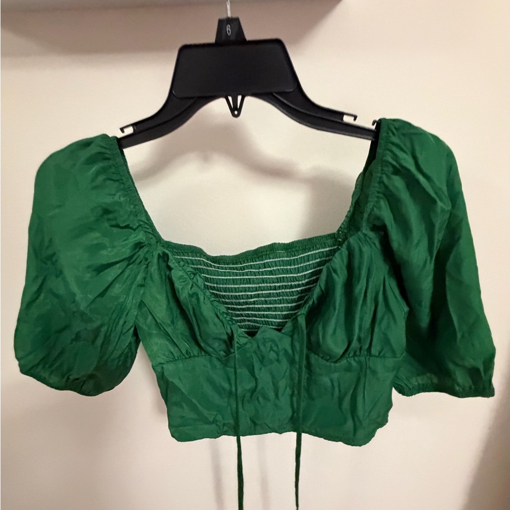 Green Puff Sleeve Crop Top with Square Neck